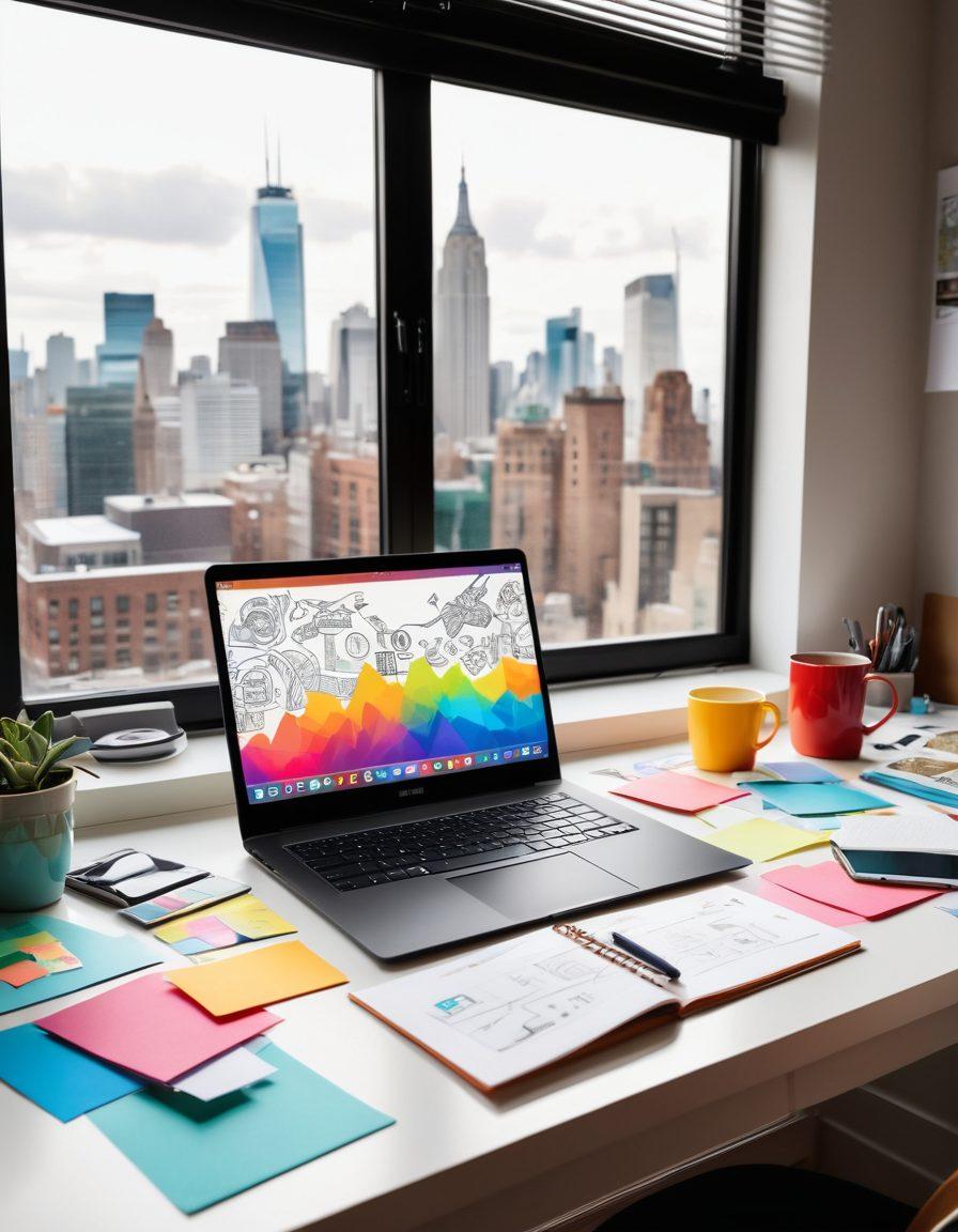 A vibrant desk setup featuring a modern laptop displaying various digital content creation tools, surrounded by colorful sticky notes, a digital tablet with design sketches, and a cup of coffee. Include a large window letting in natural light, with a view of a city skyline in the background. The atmosphere should be energetic and inspiring, reflecting the theme of innovation in blogging. super-realistic. vibrant colors. white background.