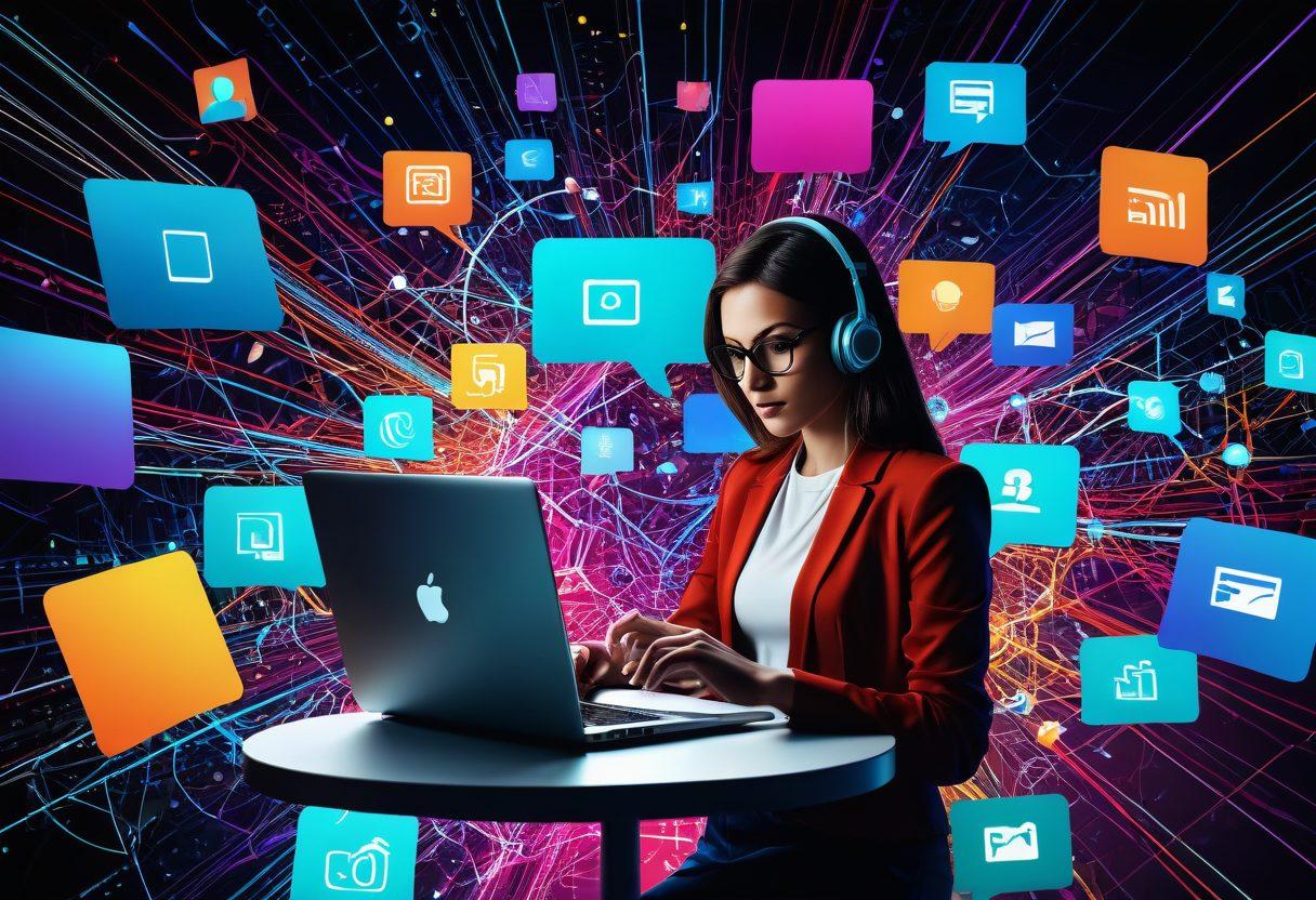 A vibrant digital landscape showcasing an interconnected web of blogs represented as colorful nodes and lines, with icons of technology such as laptops, smartphones, and social media symbols. A figure of a modern blogger is navigating this network, looking inspired and engaged. The background features abstract tech elements like circuit patterns and data streams, conveying a sense of innovation and connectivity. super-realistic. vibrant colors. 3D.