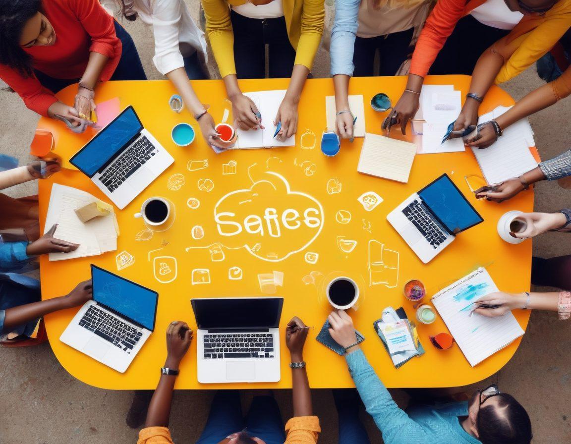 A dynamic scene depicting a diverse group of bloggers engaged in a lively networking event, surrounded by laptops and digital tools, with an array of social media icons floating in the air. The atmosphere is vibrant and inspiring, showcasing camaraderie and sharing of ideas. Include elements like coffee cups and notepads to emphasize collaboration and creativity. eye-catching colors. digital art. energetic style.